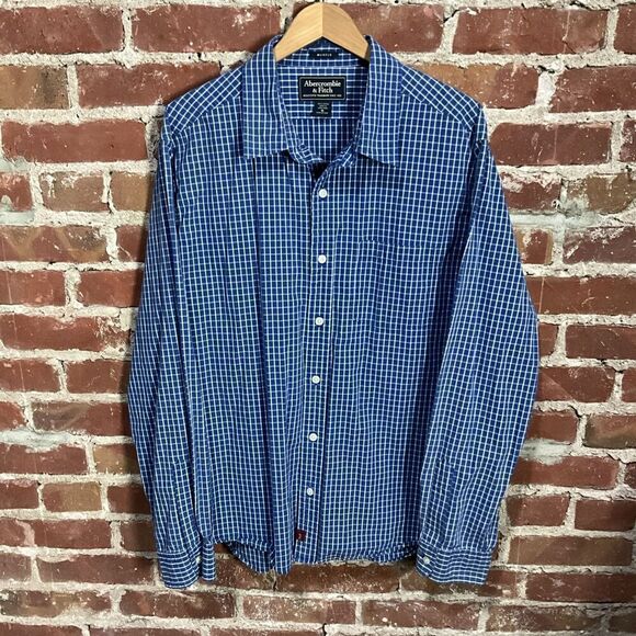 Abercrombie & Fitch Shirt Mens XL Blue Logo Casual Muscle Plaid Button Up - Picture 1 of 4